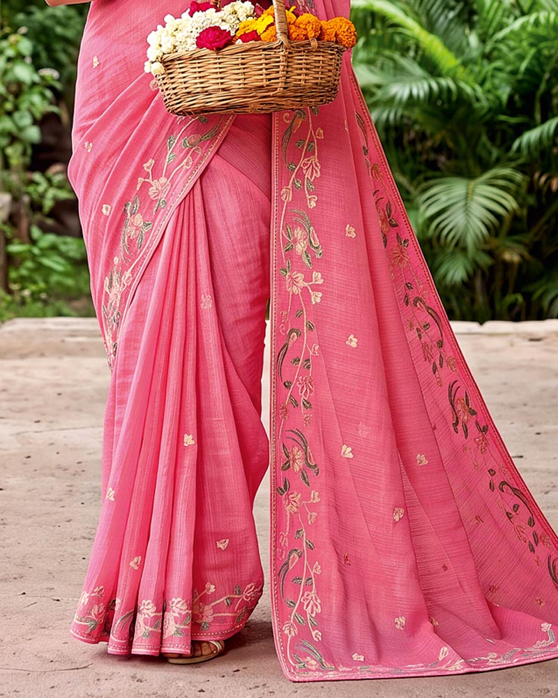 Vishal Prints Rosy Pink Designer Fancy Chiffon Saree With Embroidery-Diamond Work And Fancy Border