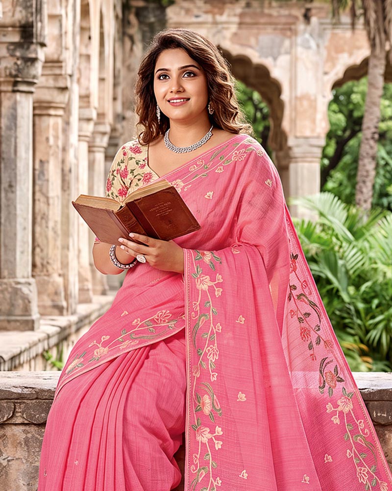 Vishal Prints Rosy Pink Designer Fancy Chiffon Saree With Embroidery-Diamond Work And Fancy Border