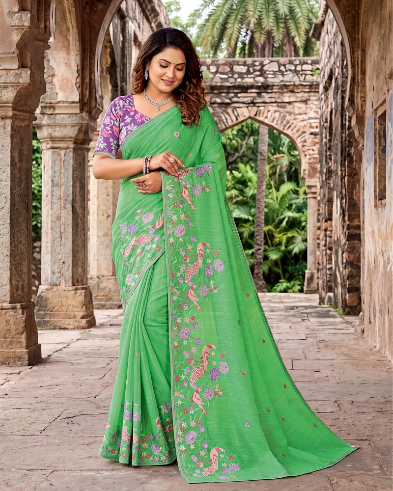 Vishal Prints Dark Pastel Green Designer Fancy Chiffon Saree With Embroidery-Diamond Work And Fancy Border