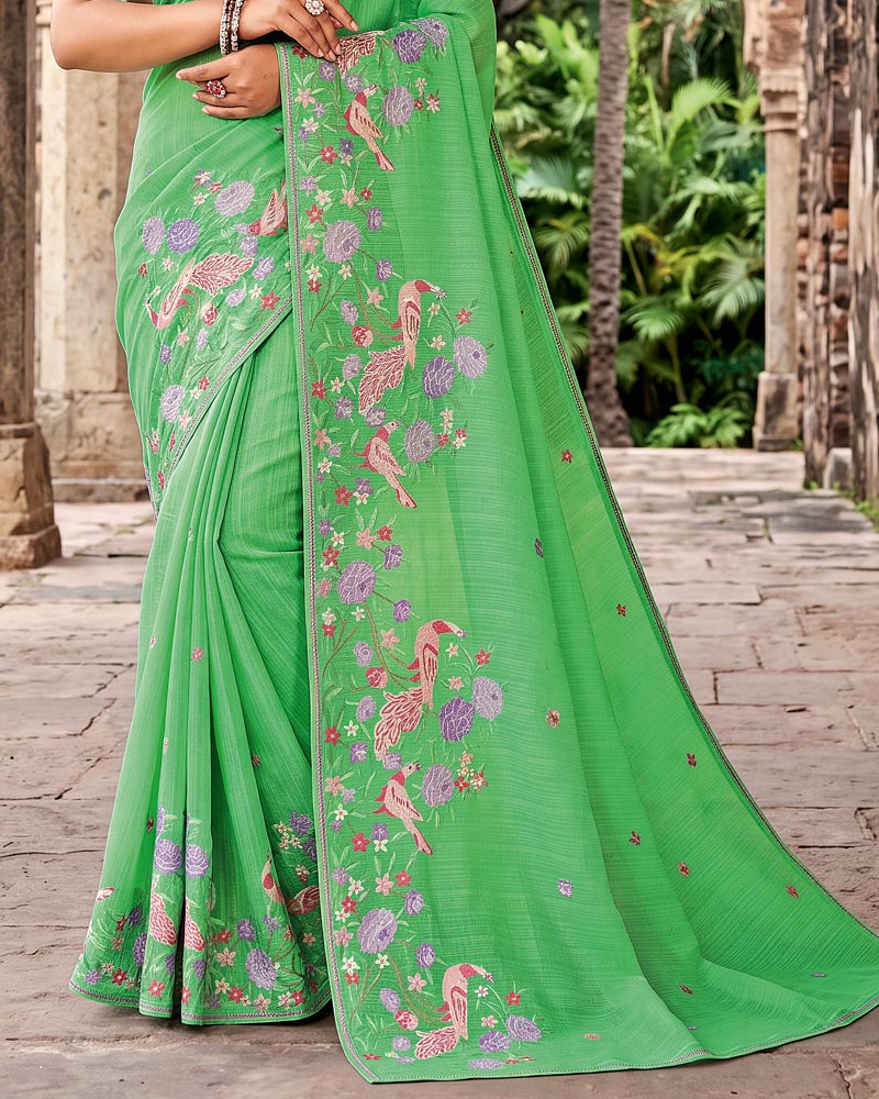 Vishal Prints Dark Pastel Green Designer Fancy Chiffon Saree With Embroidery-Diamond Work And Fancy Border