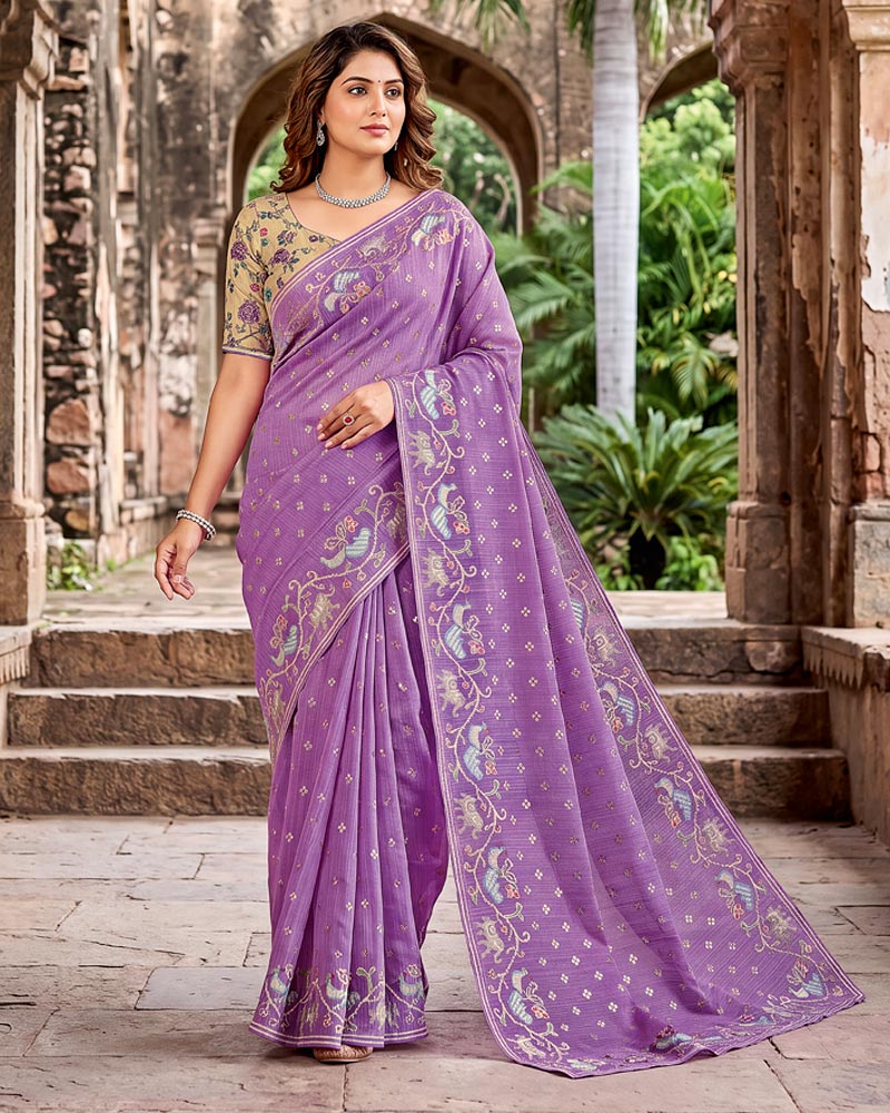Vishal Prints Lavender Designer Fancy Chiffon Saree With Embroidery-Diamond Work, Foil Print And Fancy Border