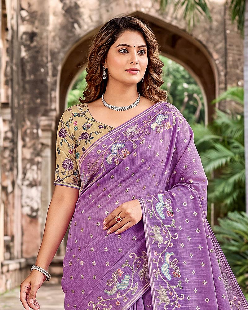 Vishal Prints Lavender Designer Fancy Chiffon Saree With Embroidery-Diamond Work, Foil Print And Fancy Border