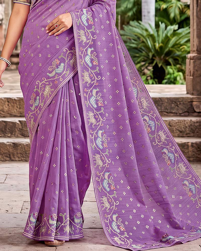 Vishal Prints Lavender Designer Fancy Chiffon Saree With Embroidery-Diamond Work, Foil Print And Fancy Border