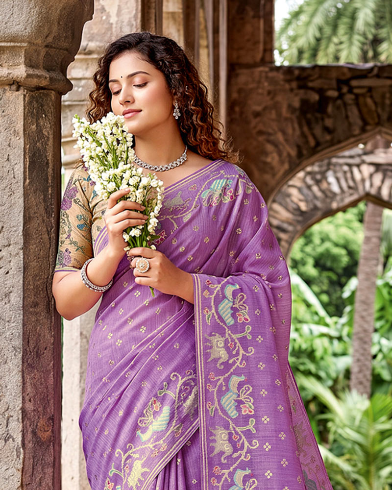Vishal Prints Lavender Designer Fancy Chiffon Saree With Embroidery-Diamond Work, Foil Print And Fancy Border