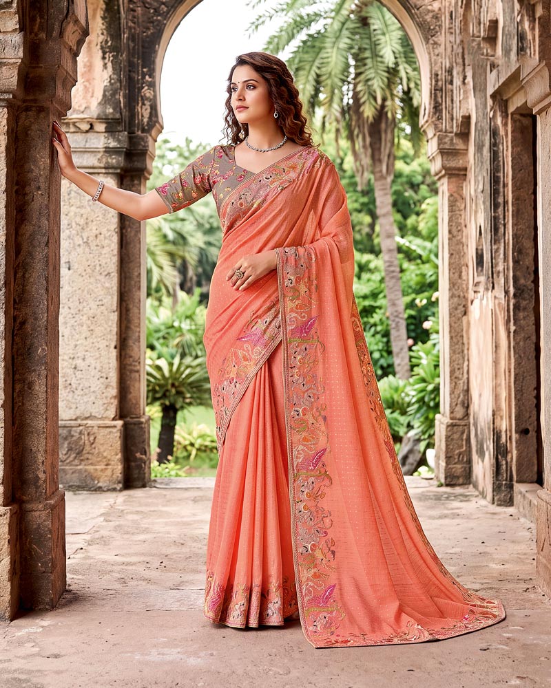 Vishal Prints Peachy Orange Designer Fancy Chiffon Saree With Embroidery-Diamond Work And Fancy Border