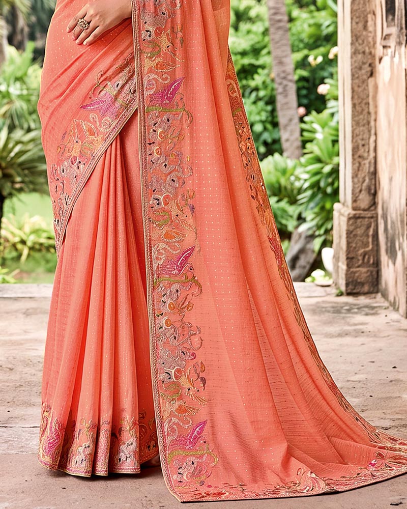 Vishal Prints Peachy Orange Designer Fancy Chiffon Saree With Embroidery-Diamond Work And Fancy Border