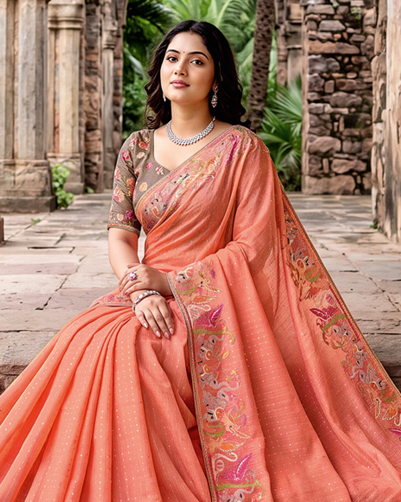 Vishal Prints Peachy Orange Designer Fancy Chiffon Saree With Embroidery-Diamond Work And Fancy Border