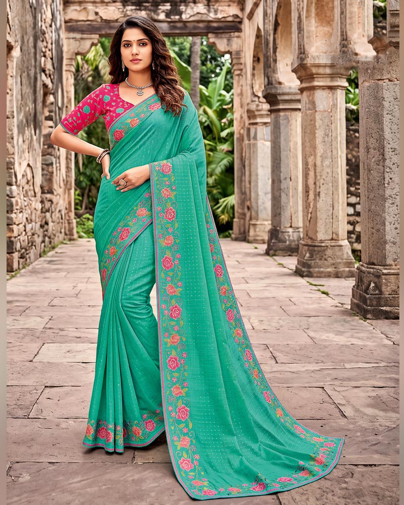 Vishal Prints Light Sea Green Designer Fancy Chiffon Saree With Embroidery-Diamond Work And Fancy Border