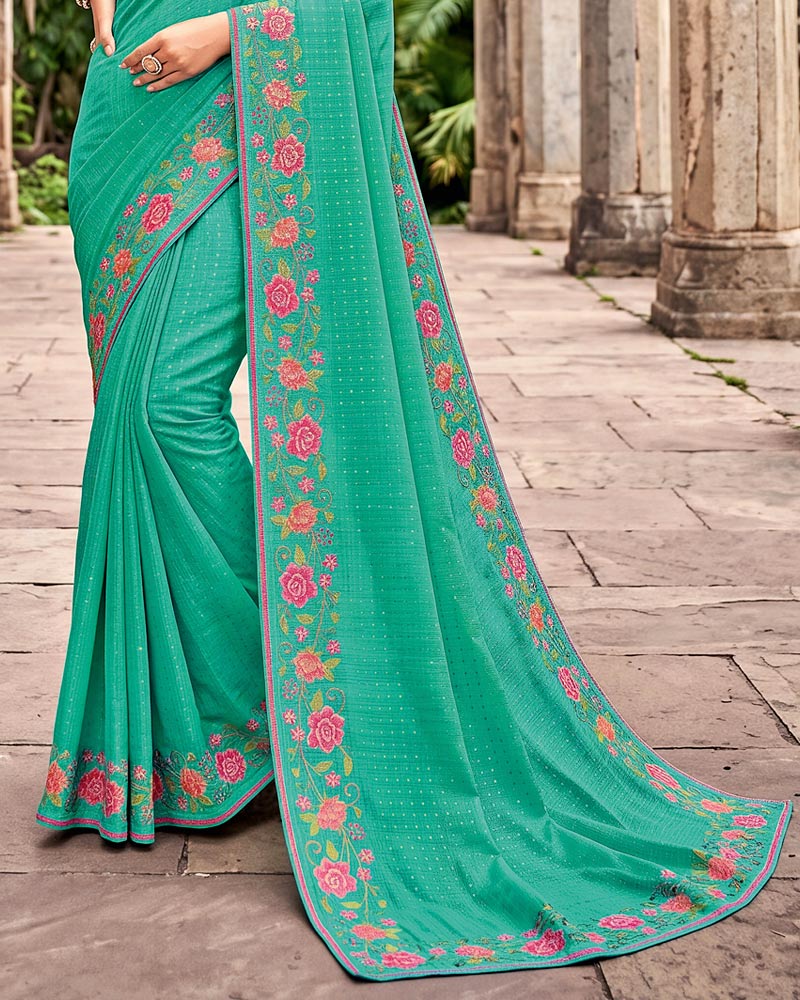Vishal Prints Light Sea Green Designer Fancy Chiffon Saree With Embroidery-Diamond Work And Fancy Border
