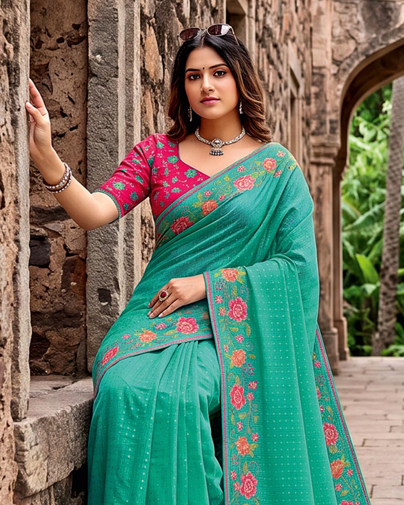 Vishal Prints Light Sea Green Designer Fancy Chiffon Saree With Embroidery-Diamond Work And Fancy Border
