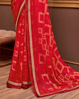 Vishal Prints Cherry Red Fancy Brasso Saree With Diamond Work And Border
