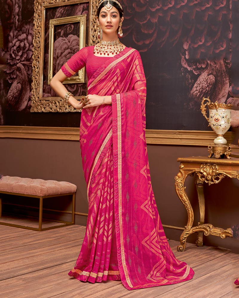 Vishal Prints Hot Pink Fancy Brasso Saree With Diamond Work And Border