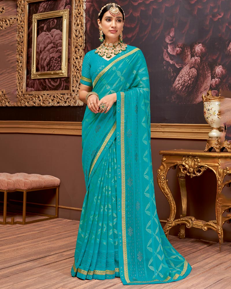 Vishal Prints Persian Green Fancy Brasso Saree With Diamond Work And Border