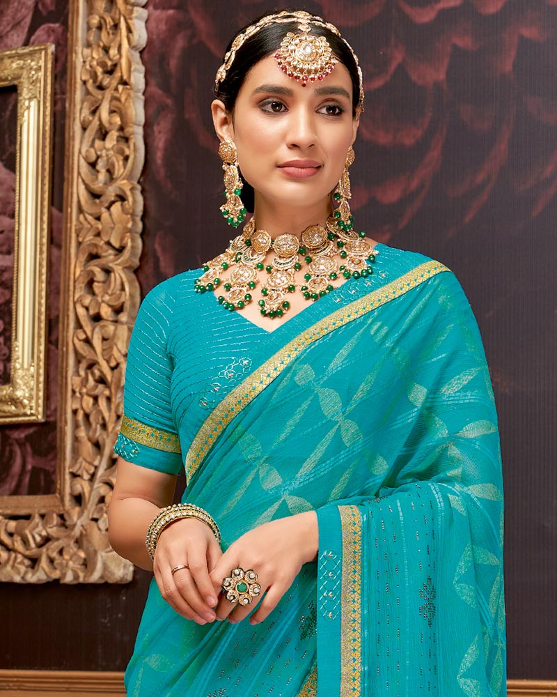 Vishal Prints Persian Green Fancy Brasso Saree With Diamond Work And Border