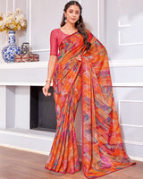 Vishal Prints Orange Digital Print Patterned Brasso Saree With Diamond Piping