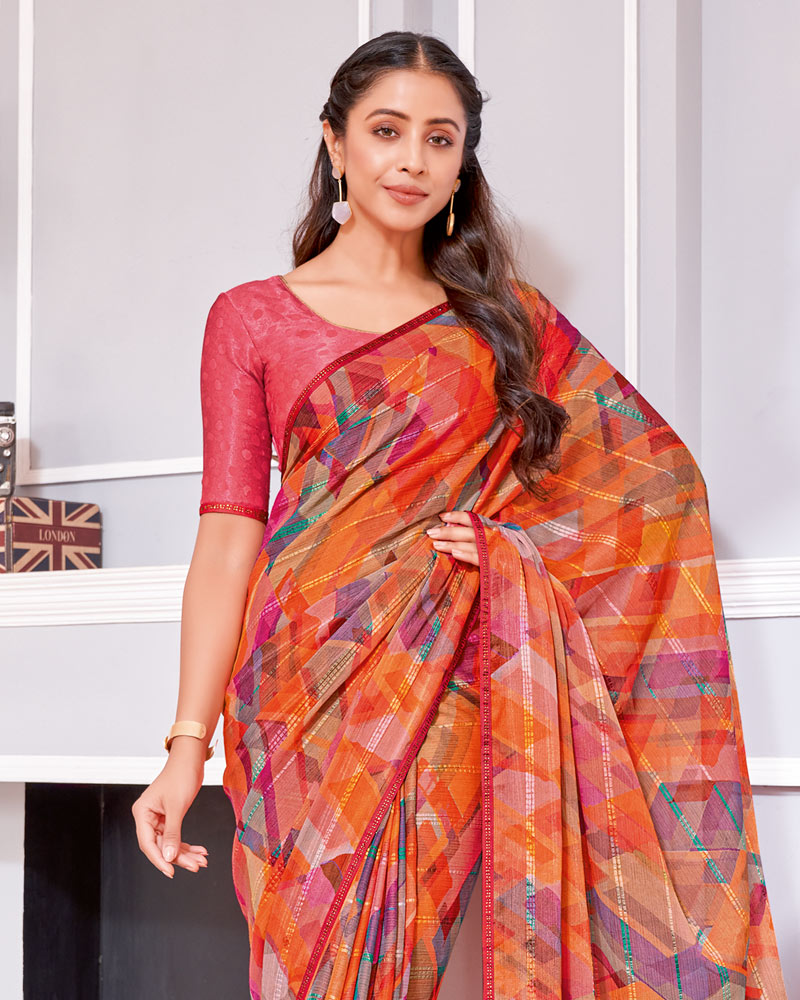 Vishal Prints Orange Digital Print Patterned Brasso Saree With Diamond Piping