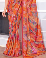Vishal Prints Orange Digital Print Patterned Brasso Saree With Diamond Piping
