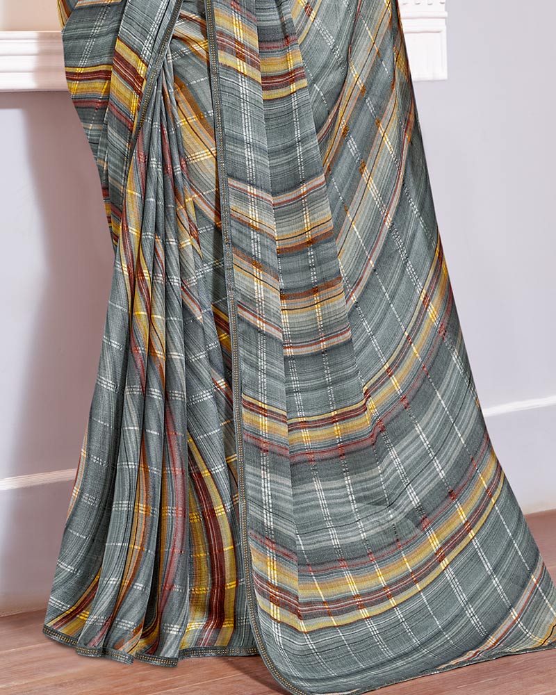 Vishal Prints Charcoal Grey Digital Print Patterned Brasso Saree With Diamond Piping