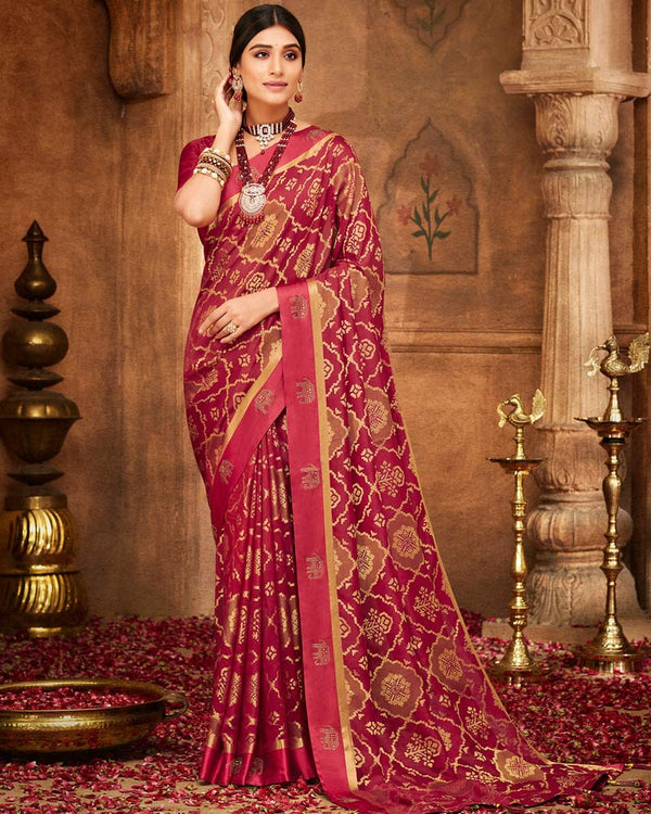 Vishal Prints Dark Red Printed Silk Brasso Saree With Weaved Satin Patta And Diamond Work