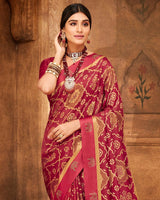 Vishal Prints Dark Red Printed Silk Brasso Saree With Weaved Satin Patta And Diamond Work