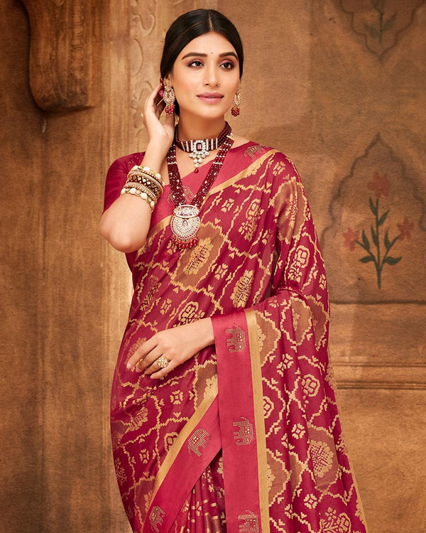 Vishal Prints Dark Red Printed Silk Brasso Saree With Weaved Satin Patta And Diamond Work