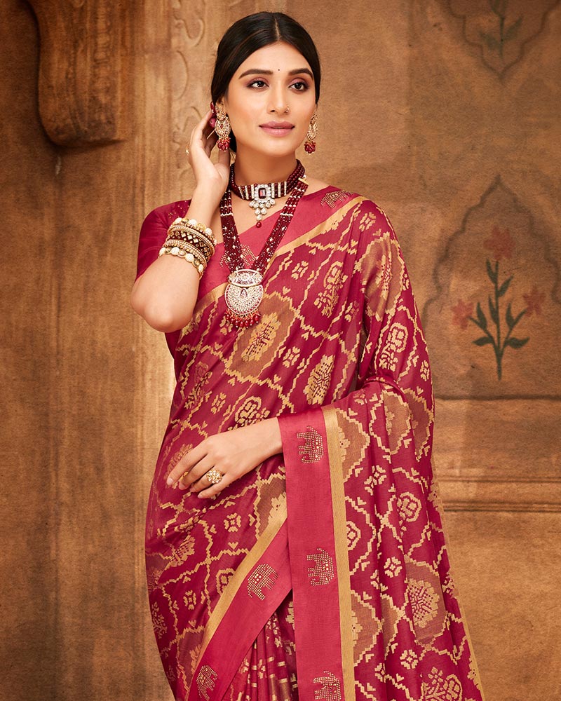 Vishal Prints Dark Red Printed Silk Brasso Saree With Weaved Satin Patta And Diamond Work