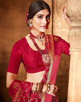 Vishal Prints Dark Red Printed Silk Brasso Saree With Weaved Satin Patta And Diamond Work