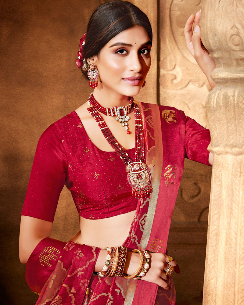 Vishal Prints Dark Red Printed Silk Brasso Saree With Weaved Satin Patta And Diamond Work