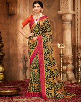 Vishal Prints Black Printed Silk Brasso Saree With Weaved Satin Patta And Diamond Work