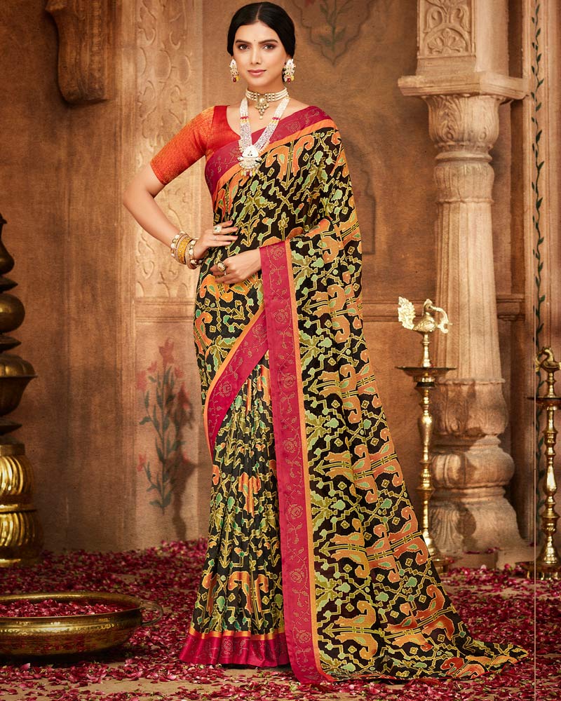 Vishal Prints Black Printed Silk Brasso Saree With Weaved Satin Patta And Diamond Work