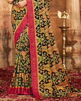 Vishal Prints Black Printed Silk Brasso Saree With Weaved Satin Patta And Diamond Work