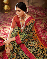 Vishal Prints Black Printed Silk Brasso Saree With Weaved Satin Patta And Diamond Work