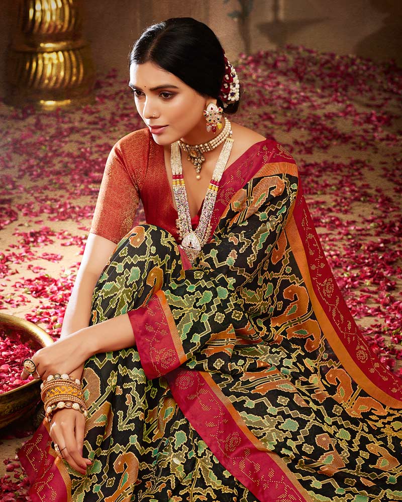 Vishal Prints Black Printed Silk Brasso Saree With Weaved Satin Patta And Diamond Work