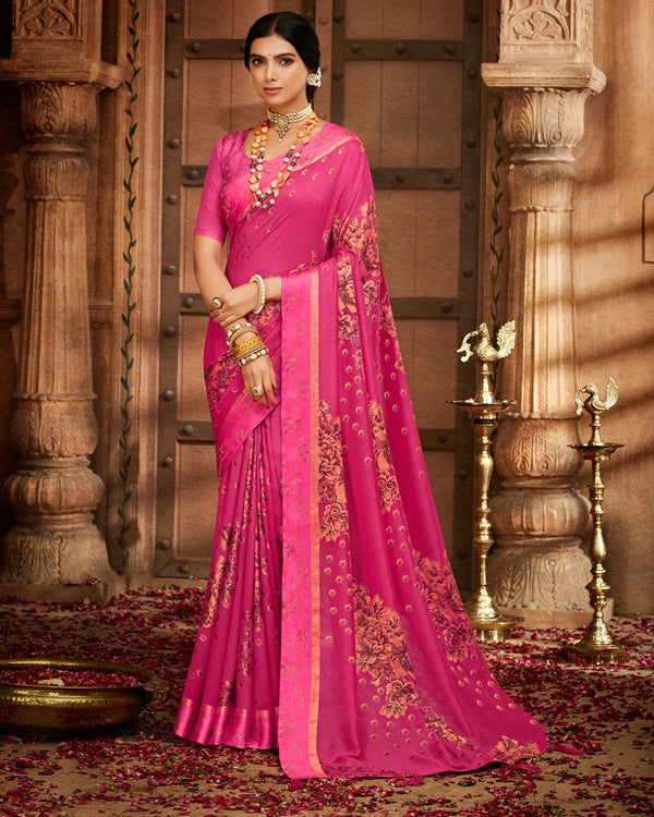Vishal Prints Hot Pink Printed Silk Brasso Saree With Weaved Satin Patta And Diamond Work
