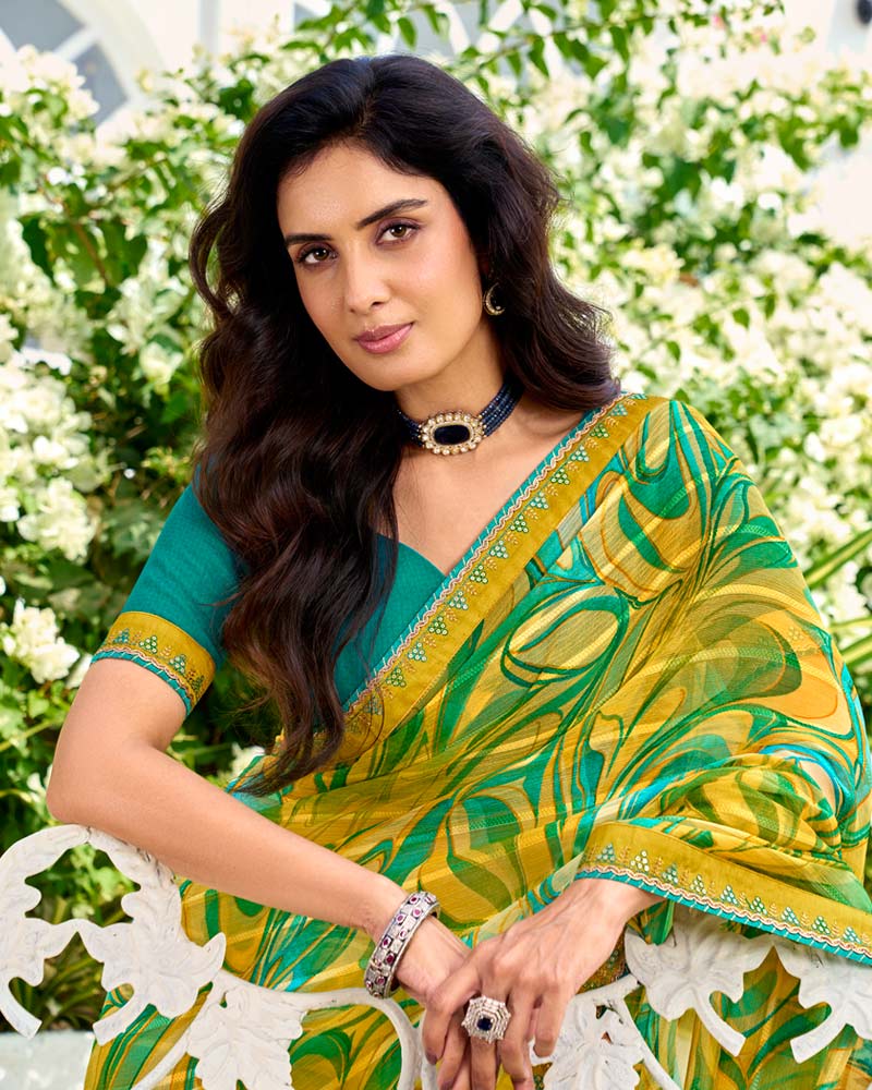 Vishal Prints Tulip Yellow Printed Chiffon Saree With Fancy Border