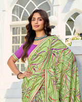Vishal Prints Light Moss Green Printed Chiffon Saree With Fancy Border
