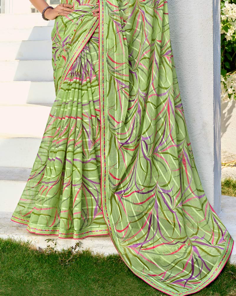 Vishal Prints Light Moss Green Printed Chiffon Saree With Fancy Border