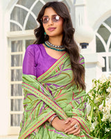 Vishal Prints Light Moss Green Printed Chiffon Saree With Fancy Border