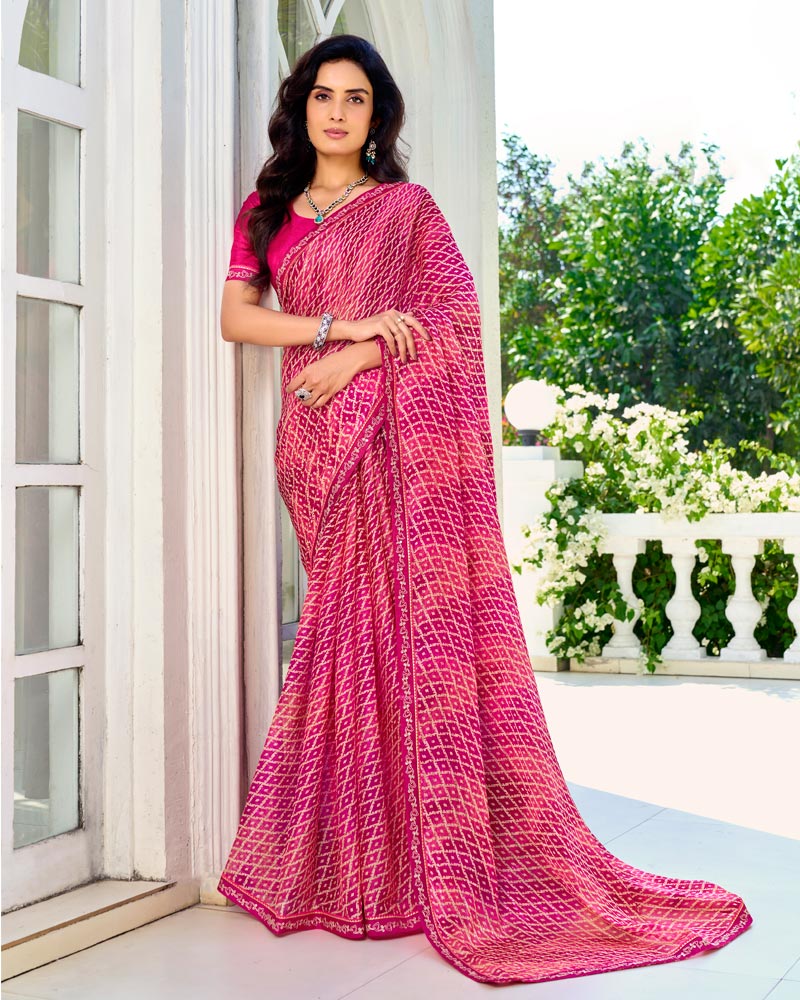 Vishal Prints Multi Pink Printed Chiffon Saree With Fancy Border