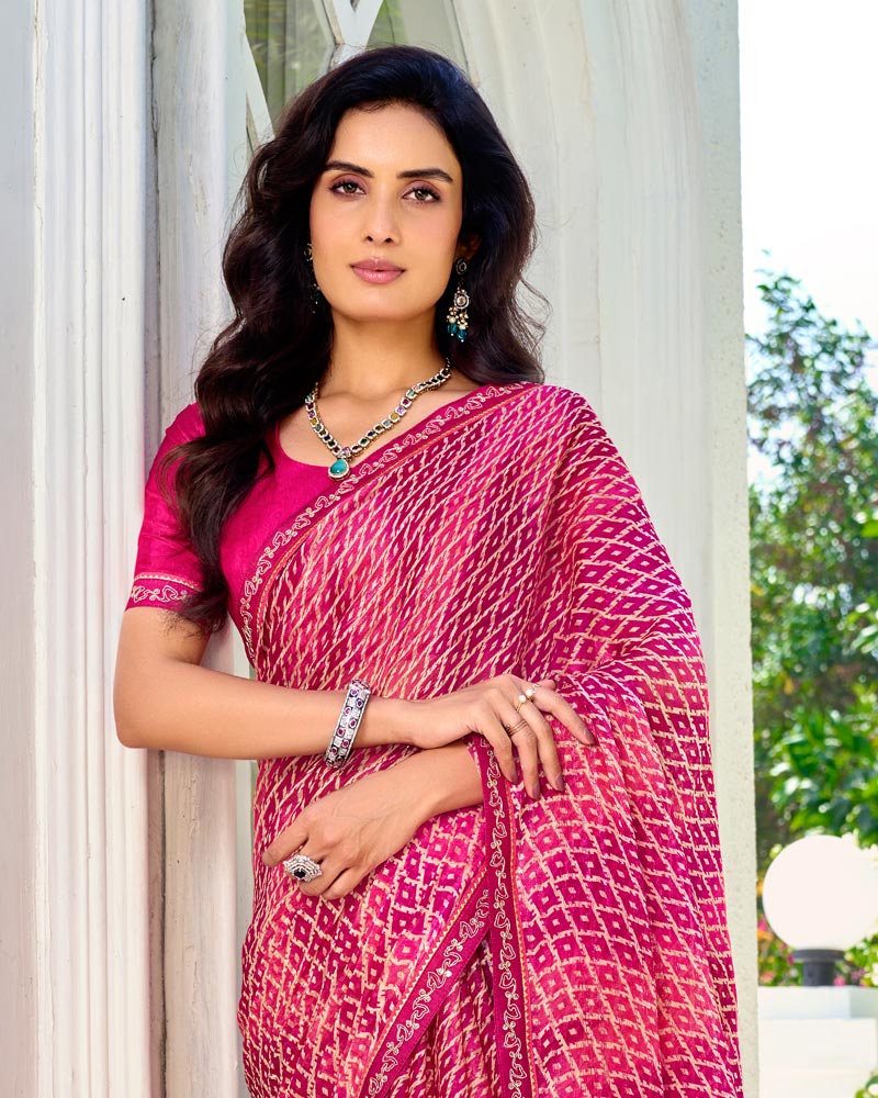 Vishal Prints Multi Pink Printed Chiffon Saree With Fancy Border