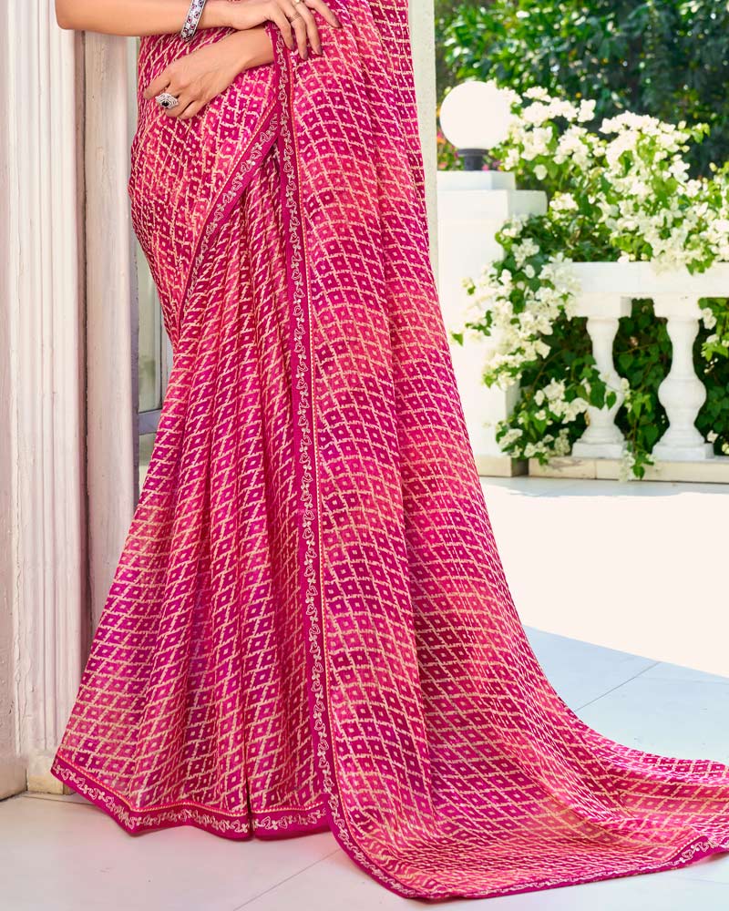 Vishal Prints Multi Pink Printed Chiffon Saree With Fancy Border