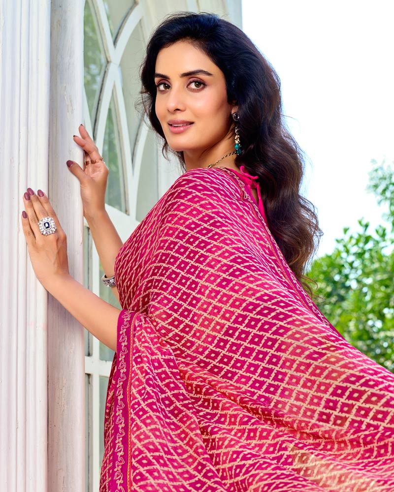 Vishal Prints Multi Pink Printed Chiffon Saree With Fancy Border
