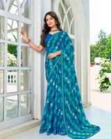 Vishal Prints Venice Blue And Persian Green Printed Chiffon Saree With Fancy Border