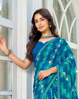 Vishal Prints Venice Blue And Persian Green Printed Chiffon Saree With Fancy Border