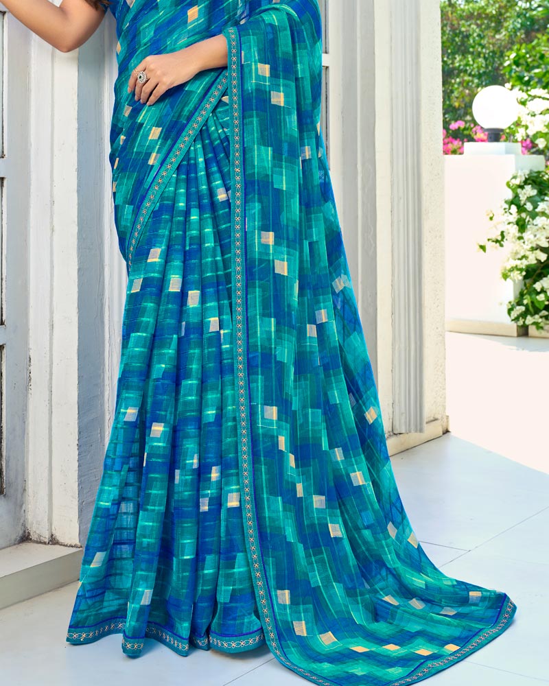 Vishal Prints Venice Blue And Persian Green Printed Chiffon Saree With Fancy Border