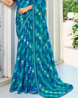 Vishal Prints Venice Blue And Persian Green Printed Chiffon Saree With Fancy Border