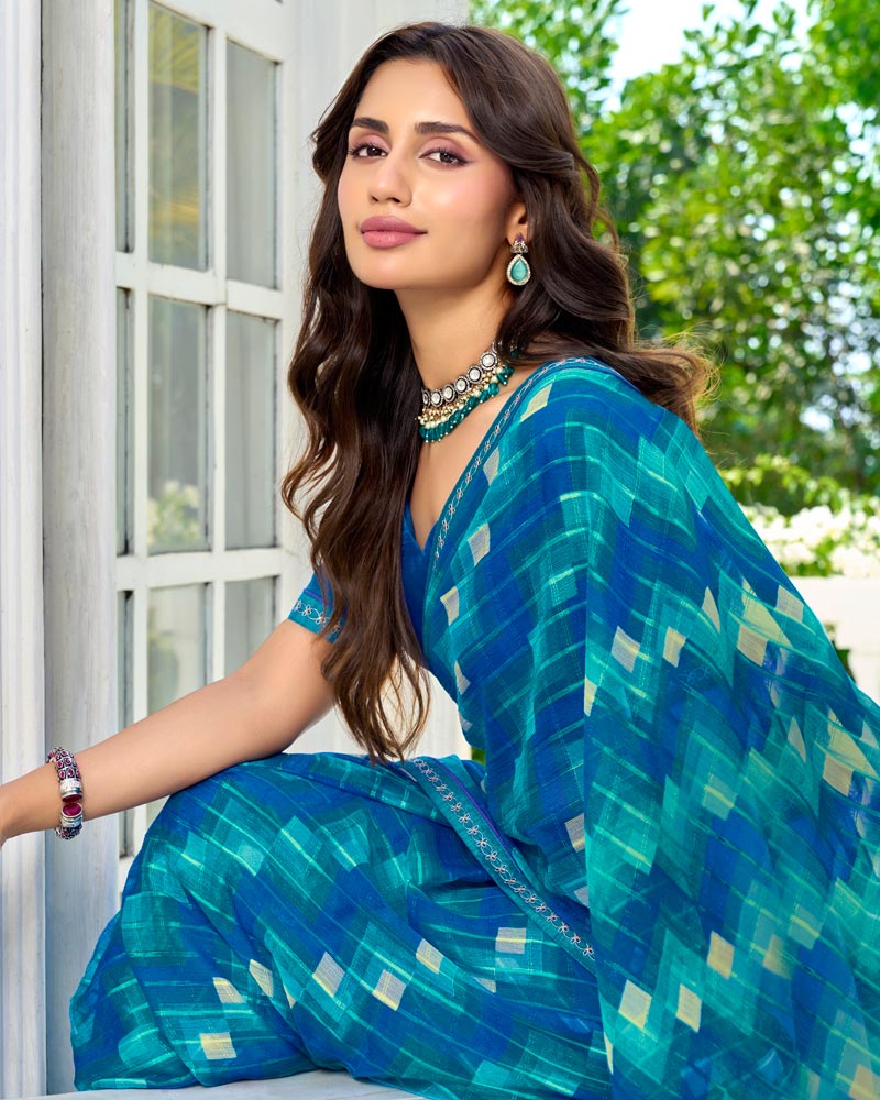 Vishal Prints Venice Blue And Persian Green Printed Chiffon Saree With Fancy Border
