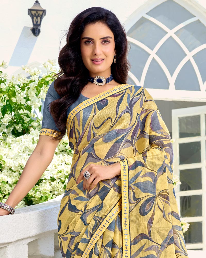 Vishal Prints Pastel Yellow Printed Chiffon Saree With Fancy Border