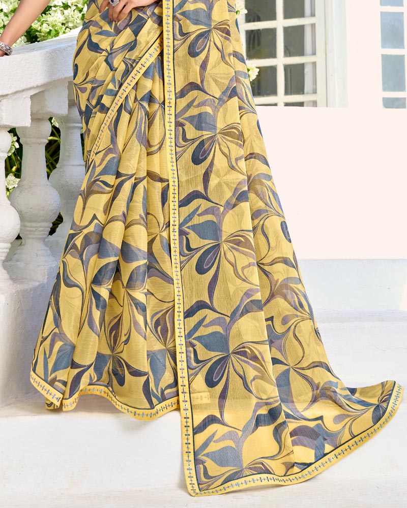 Vishal Prints Pastel Yellow Printed Chiffon Saree With Fancy Border
