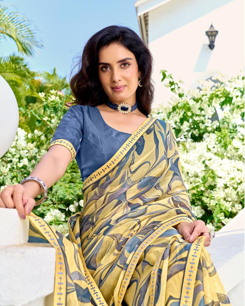Vishal Prints Pastel Yellow Printed Chiffon Saree With Fancy Border